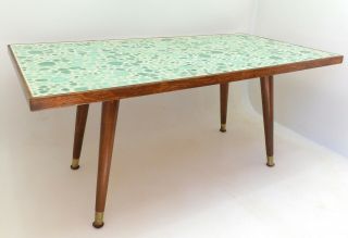 Petite Mid Century Modern Coffee Table Rectangle Aqua Green Mosaic Stone Walnut 4