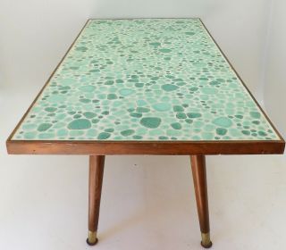 Petite Mid Century Modern Coffee Table Rectangle Aqua Green Mosaic Stone Walnut 5