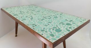 Petite Mid Century Modern Coffee Table Rectangle Aqua Green Mosaic Stone Walnut 6