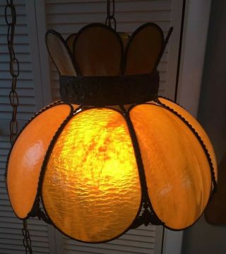 Vintage 8 Panel Caramel Bent Slag Glass Hanging Light Lamp Shade 17 1/2” X 12”