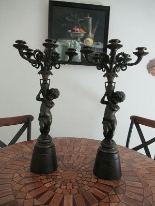 Pair Antique Victorian Bronze Metal Cherub Candelabras 23 " Tall Massive