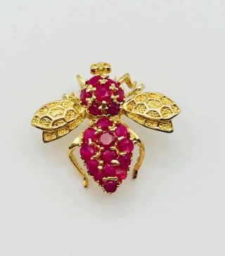 Gorgeous Vintage Solid 14k Yellow Gold And Ruby Large Bee Pin Brooch Insect
