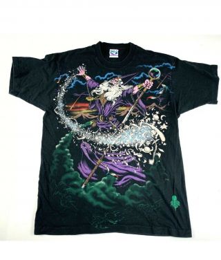 Vintage 1994 Liquid Blue Wizard All Over Print L T Shirt Fantasy Magic 90s