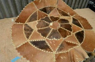 Vintage Cowhide Rug Brown Skin Carpet Leather Round Star Flower Patchwork hide 5