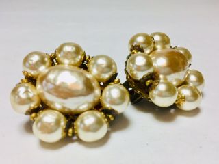 Vintage Miriam Haskell Faux Pearl Gold Tone Clip On Earrings