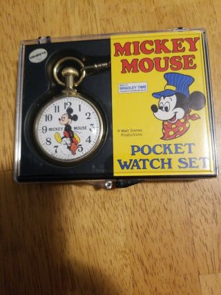Vintage Mickey Mouse Pocket Watch Set Disney Bradley Time Railroad
