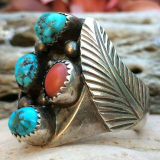 Large Vintage Navajo Sterling Silver Turquoise Coral Ring Sz13 Old Pawn Wow L@@k