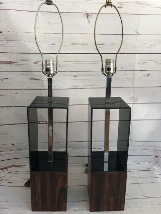 Vintage Mid Century Modern Lamps With Smoke Grey,  Wood,  Chrome
