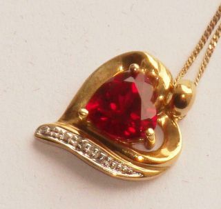 Antique Vintage Large Heart Ruby & Diamond 10ct Gold Pendant Necklace
