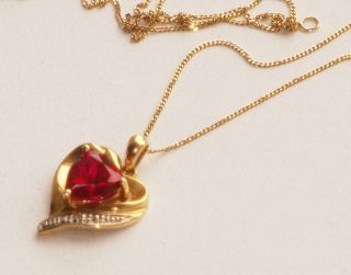 ANTIQUE VINTAGE LARGE HEART RUBY & DIAMOND 10ct GOLD PENDANT NECKLACE 3
