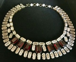 Vintage Signed Schreiner Ruby Red & Clear Bib / Collar Necklace,