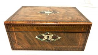 Antique Victorian Walnut & Mother Of Pearl & Tunbridgeware Writing Box Slope