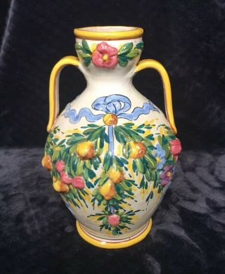 Vintage 1920’s Italy Della Robbia Majolica Handled Ovington York Vase