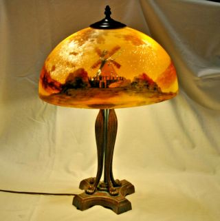 Antique Reverse Hand Painted Shade Table Lamp With Trees And Windmill
