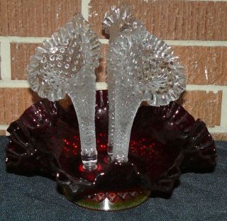 Vintage Fenton Art Glass Epergne Diamond Lace Pattern Ruby Red Amberina 3 Horns