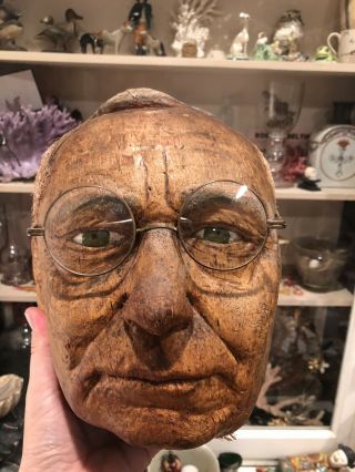 Rare Antique Realistic Folk Art Carved Coconut Head Wearing Glasses C1920s