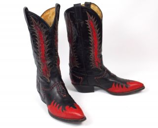 Tony Lama Classic Fire Walker Black Red Cowboy Boots - Men ' s 8.  5D Inlaid Vtg 10