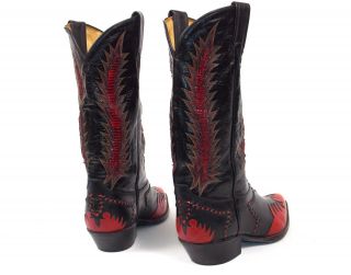 Tony Lama Classic Fire Walker Black Red Cowboy Boots - Men ' s 8.  5D Inlaid Vtg 11