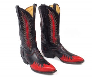 Tony Lama Classic Fire Walker Black Red Cowboy Boots - Men ' s 8.  5D Inlaid Vtg 2