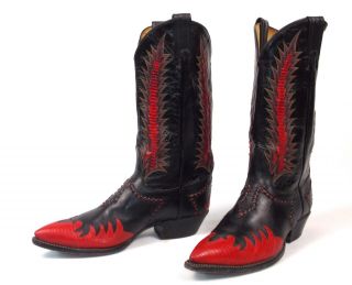 Tony Lama Classic Fire Walker Black Red Cowboy Boots - Men ' s 8.  5D Inlaid Vtg 3