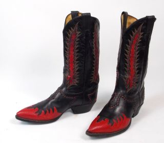 Tony Lama Classic Fire Walker Black Red Cowboy Boots - Men ' s 8.  5D Inlaid Vtg 4