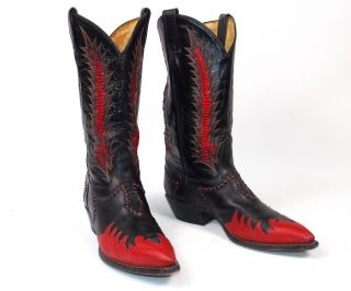 Tony Lama Classic Fire Walker Black Red Cowboy Boots - Men ' s 8.  5D Inlaid Vtg 5