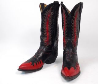 Tony Lama Classic Fire Walker Black Red Cowboy Boots - Men ' s 8.  5D Inlaid Vtg 6