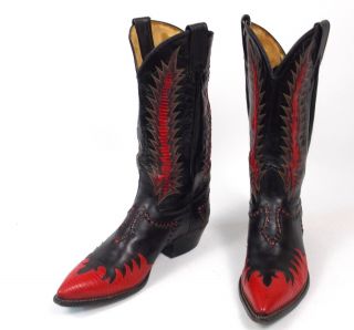 Tony Lama Classic Fire Walker Black Red Cowboy Boots - Men ' s 8.  5D Inlaid Vtg 7