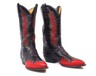 Tony Lama Classic Fire Walker Black Red Cowboy Boots - Men ' s 8.  5D Inlaid Vtg 8