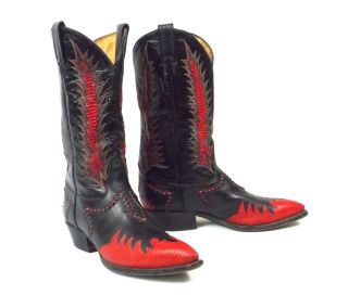 Tony Lama Classic Fire Walker Black Red Cowboy Boots - Men ' s 8.  5D Inlaid Vtg 9