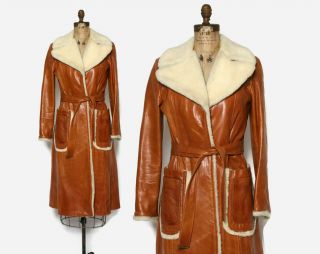 Vintage 70s Soft Brown Leather Shearling Fur Trim Trench Coat Jacket Lined S Wow