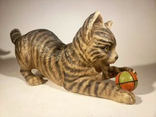 Rare Early German Bisque Porcelain Heavy Cat W Ball Figure W Art Glass Eyes