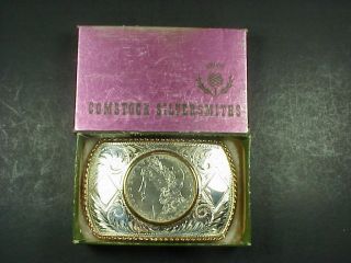 1881 Silver Dollar On Engraved Sterling Belt Buckle Comstock Silversmiths Vintag