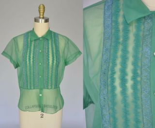 Vintage Vtg 50s 1950s Green Sheer Nylon Blouse Shirt Lace Ruffles Buttons M/l