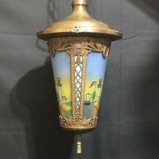 Vintage Arts & Crafts Mission Hanging Lamp Painted Lighthouse Ship Motif