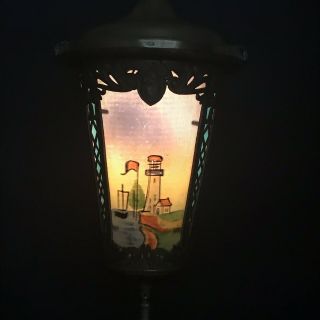 Vintage Arts & Crafts Mission Hanging Lamp painted lighthouse ship motif 3