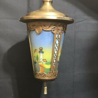 Vintage Arts & Crafts Mission Hanging Lamp painted lighthouse ship motif 4
