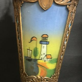 Vintage Arts & Crafts Mission Hanging Lamp painted lighthouse ship motif 6