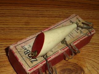 Vintage Fishing Lure Wooden Moonlight Bait Co.  Zigzag Bait White Red W/box C1913