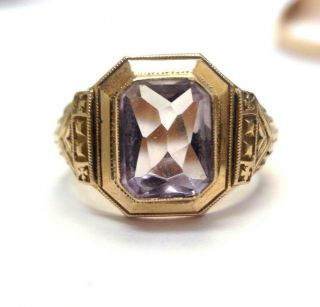 Stately Art Deco Antique 10k Solid Gold Mens Ring With Rose Of France Amethyst