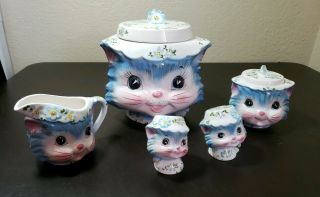 Vintage 50s Lefton Ceramic Miss Priss Kitty Blue Cat Tea Set Esd Japan Kitsch