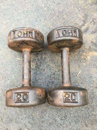 Vintage York 20lb Pair Cast Iron Roundhead Dumbbells Weights Pre Usa Stamp