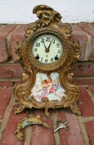 Antique Ansonia French Rococo Porcelain Mantle Clock Gilted C1900