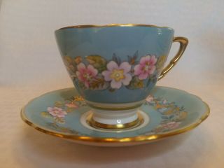 Royal Stafford Garland Tea Cup And Saucer Blue Gold Vintage England Teacup