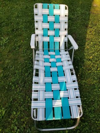 Vtg Aluminum Webbed Lounge Chair Lawn Beach Patio Camp Pool Green White Sunbeam