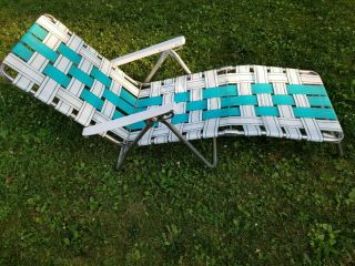 Vtg Aluminum Webbed Lounge Chair Lawn Beach Patio Camp Pool Green White Sunbeam 2