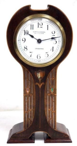 Antique French Art Nouveau Mantel Clock Tulip Design Inlaid 8 Day Mantle Clock