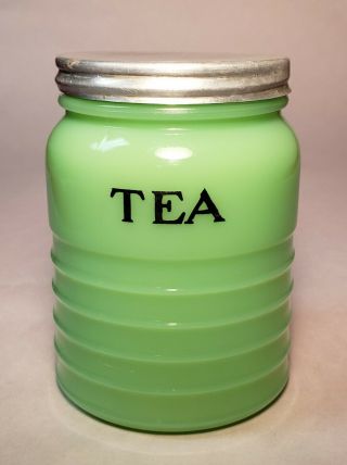 Vintage Jadeite Glass Tea Jar W/ Lid - Jeanette Glass Co.  - Depression Glassware