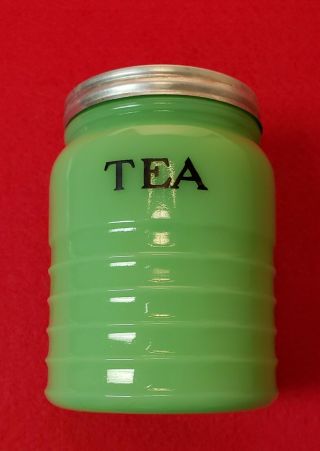 Vintage Jadeite Glass TEA Jar w/ Lid - Jeanette Glass Co.  - Depression Glassware 2