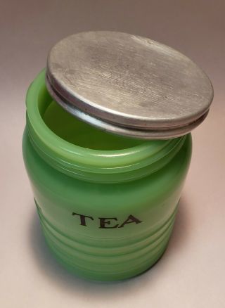 Vintage Jadeite Glass TEA Jar w/ Lid - Jeanette Glass Co.  - Depression Glassware 4